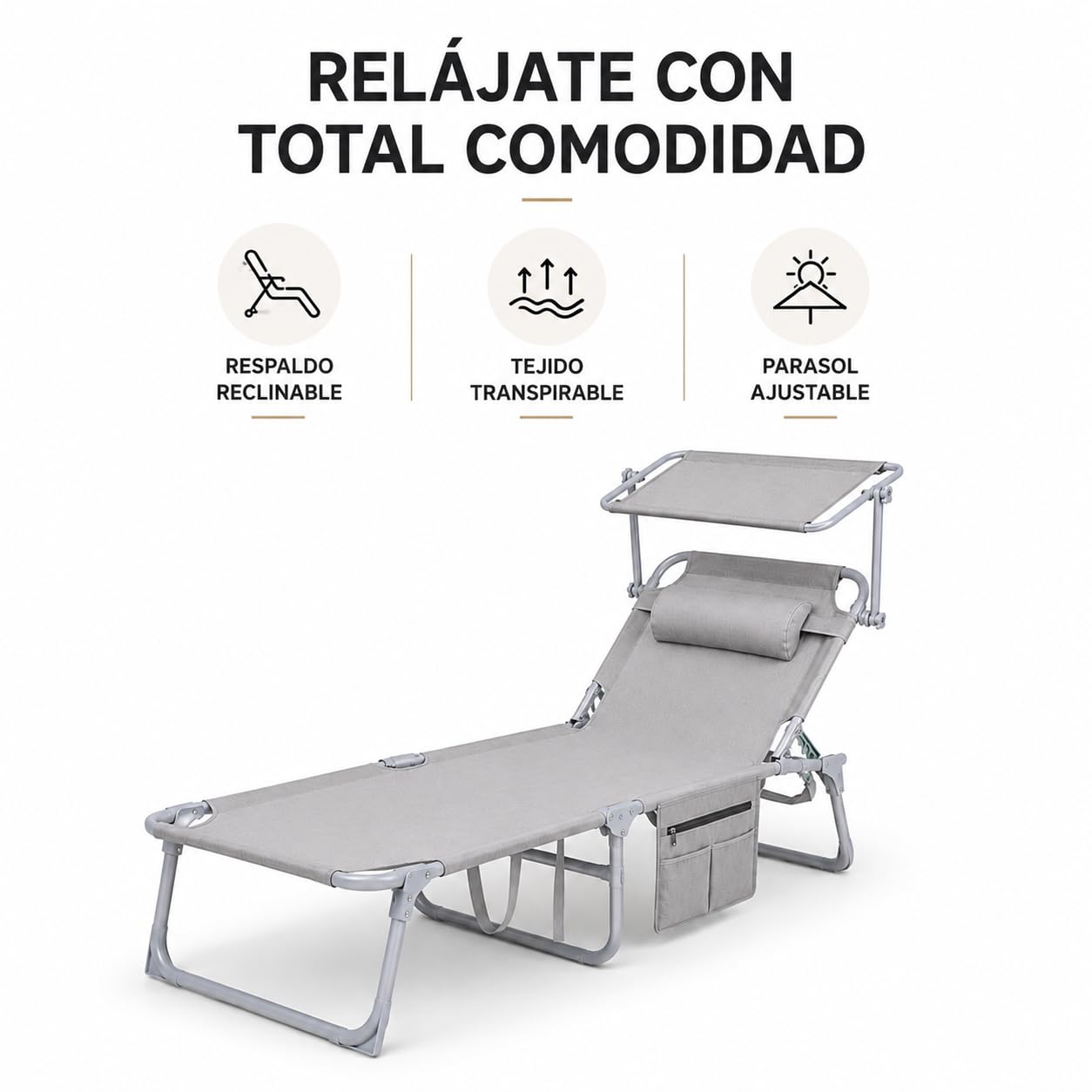 Pack 2 tumbonas Plegables con Parasol Ajustable y cojín reposacabezas – Respaldo multiposición, Bolsillo Lateral, Estructura metálica, jardín terraza Piscina y Playa, Gris