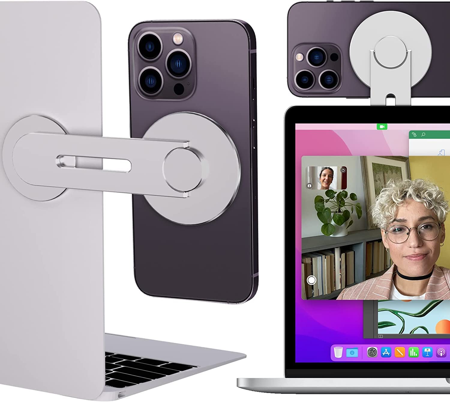 Adjustable Continuity Camera Mount Compatible with MagSafe,Magnetic Laptop Phone Holder & for iOS 16 / macOS 13 Ventura, Slim Portable Computer Expansion Bracket for Smartphone (Silver)