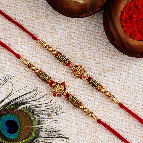 Image of eCraftIndia Set of 2 Designer Rakhi for Brother with Best Bro Ever Fridge Magnet & Roli Chawal Pack | Raksha Bandhan Rakhi Combo for Bhaiya Bhai | Traditional Decorative Festive Thread Set