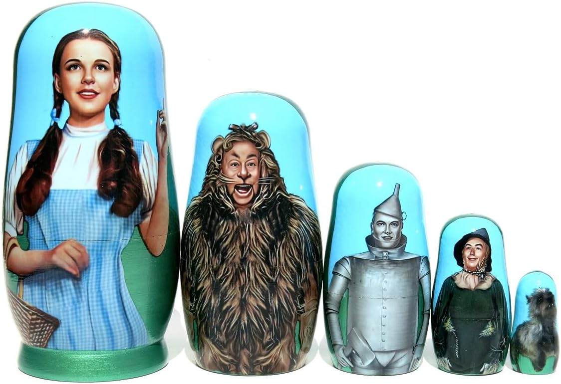 New Wizard Handmade Original and Authentic Large Collectible and Long Lasting 5 Piece Russian Style Nesting Doll with Dorothy, Lion Man, Toto, Tin Man and Scarecrow Stacking Doll 5.75 inches Tall