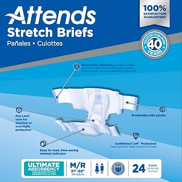 Attends Stretch Adult Incontinence Briefs, Medium/Regular, 24ct Bag