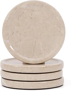 Marble Coasters Set of 4 Beige 4 Inches Round Coaster Set Natural Stone Drink Coasters, Coaster for Drinks, Coffee Table, Kitchen, Bar Decor