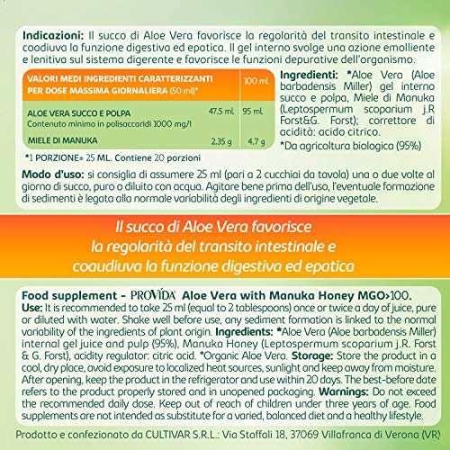 Provida Provida - Integratore Alimentare a Base di Succo e Polpa di Aloe Vera da Agricoltura Biologica - con Miele di Manuka - 500 ml - Image 5