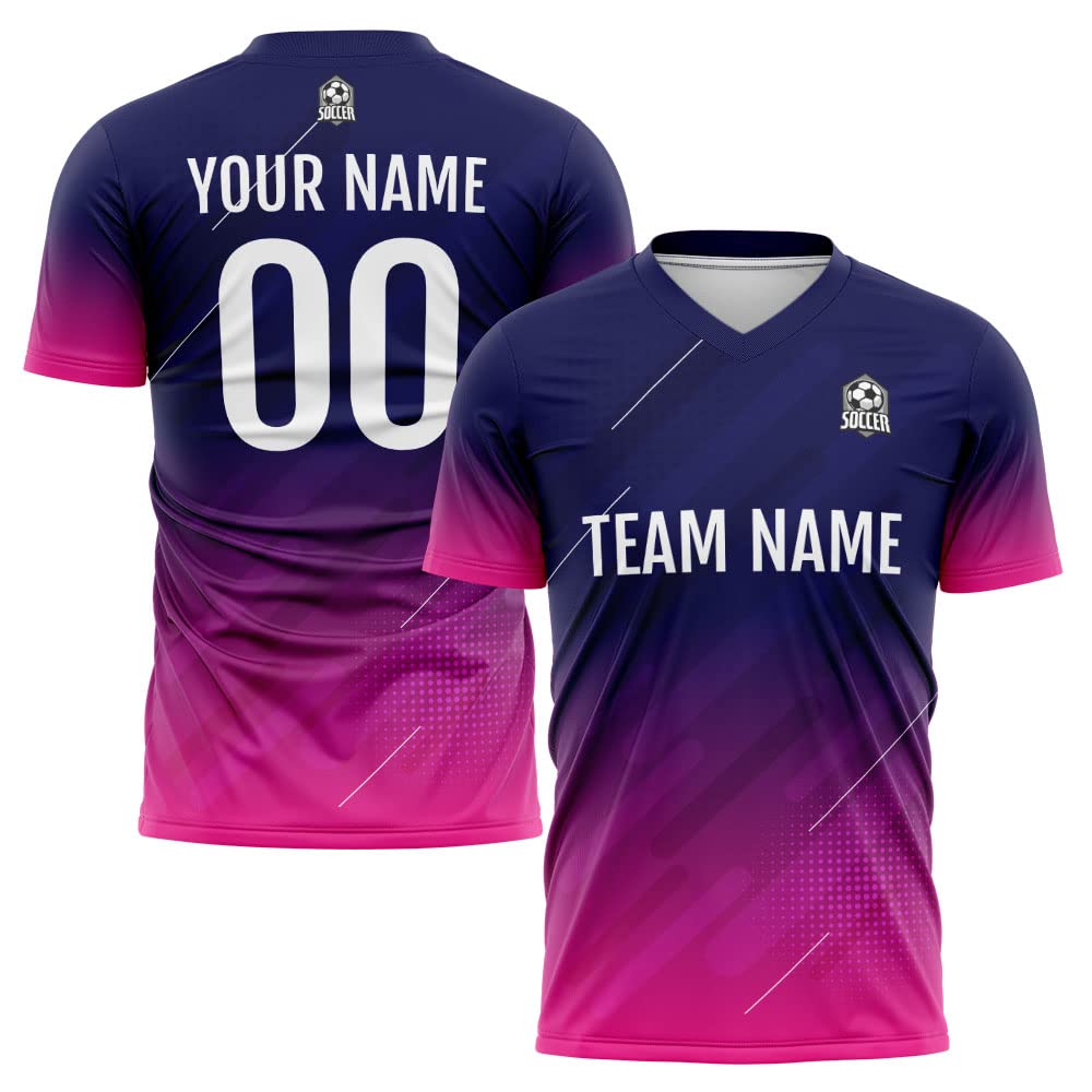 Custom Soccer Jersey Kids Adults Personalized Soccer T-Shirts with Team Name Number Logo (Gradient -Navy-Hot Pink)