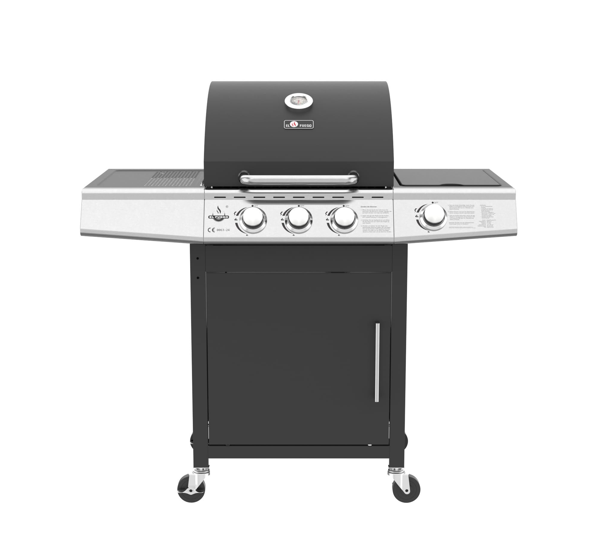 Grill gazowy "MIAMI" firmy El Fuego® 3 główne palniki + 1 palnik boczny | palnik ze stali nierdzewnej | w zestawie wąż gazowy i reduktor ciśnienia | grill wędzarniczy BBQ | AY 506
