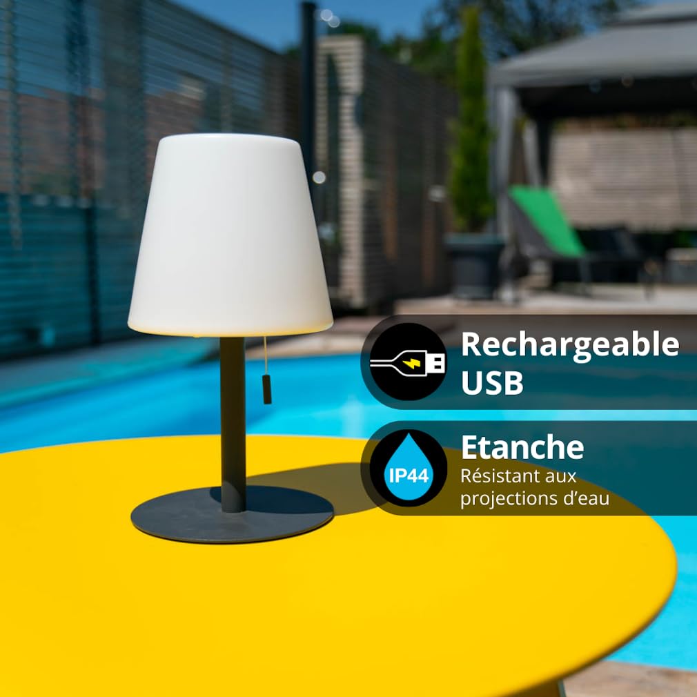 Xanlite, Lampe à Poser POP Abat-Jour Métal Rechargeable USB, Température de Couleur Réglable, Résistante IP44, Autonomie 8H, Idéale pour Extérieur et Intérieur, Gris