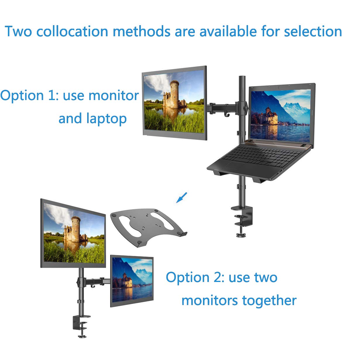 HFTEK, HF282LM, supporto da tavolo per monitor da 13 a 27 pollici con VESA 75/100, completamente mobile, altezza regolabile, con supporto per laptop, notebook, tablet, iPad