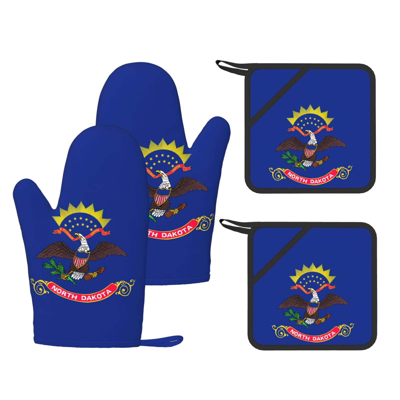 North Dakota State Flag Printed Kitchen Oven Gloves and Potholder 4 Pcs, Non-Slip Heat Resistant Mitts for Baking Chef