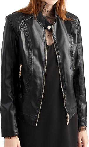 Lu's Chic Women's Faux Leather Jackets Spring Outerwear Slim Fit Long Sleeve Sna