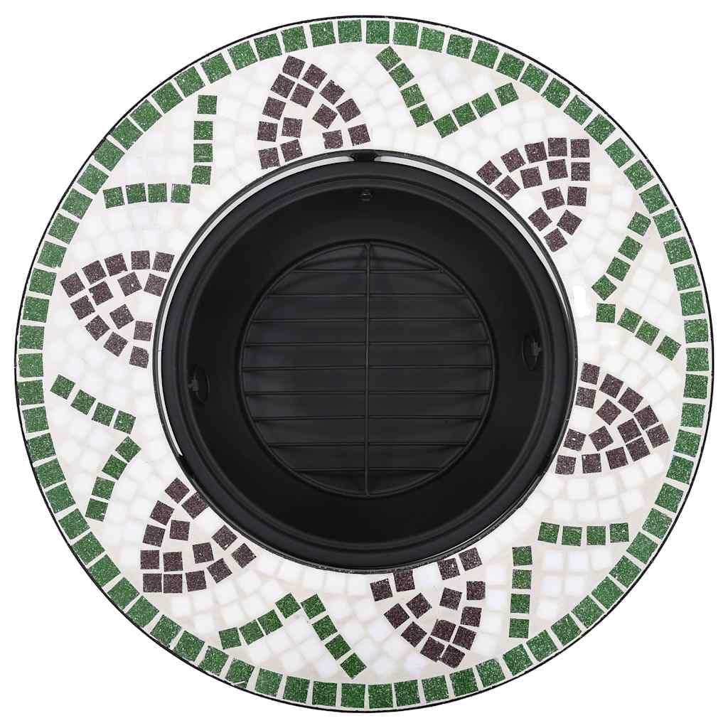 Mozaika zielona 68 cm palenisko ceramiczne | Wysokiej jakości stalowa miska, stojak na 3 stopy, idealny grill ogrodowy lub patio, okrągły blat do napojów