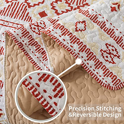 Vaputar Boho Stripe Quilt Bedding Set For Aztec - Queen Size - All-Season Lightweight Reversible Coverlet, Vintage Farmhouse Bedroom Decor, 3 Pieces (Red/Light Yellow) #TOP3