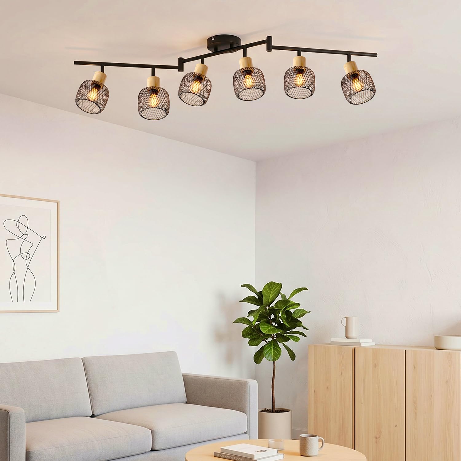 ANWIO Deckenstrahler 6 Flammig Schwarz – Deckenleuchte Industrial Holzdetails & Apfel-Drahtkorb – Lange Schwenkbare Lampe E14 für großes Wohnzimmer & Esszimmer (Ohne Leuchtmittel)