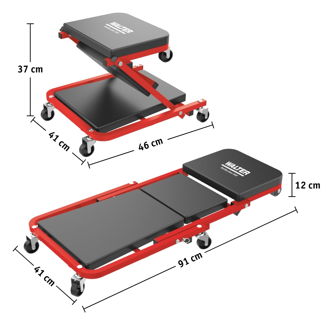 WALTER Montage Rollbrett/Werkstatthocker 2in1 | Tragkraft 150kg Rollsitz, Werkstattliege, Reifen Wechseln Zubehör, 360° drehbar