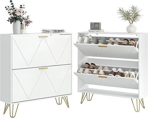 Miniatura 8 de LYNSOM Zapatero con 2 cajones abatibles, armario de zapatos para entrada, armario de almacenamiento de zapatos blanco, zapatero independiente de