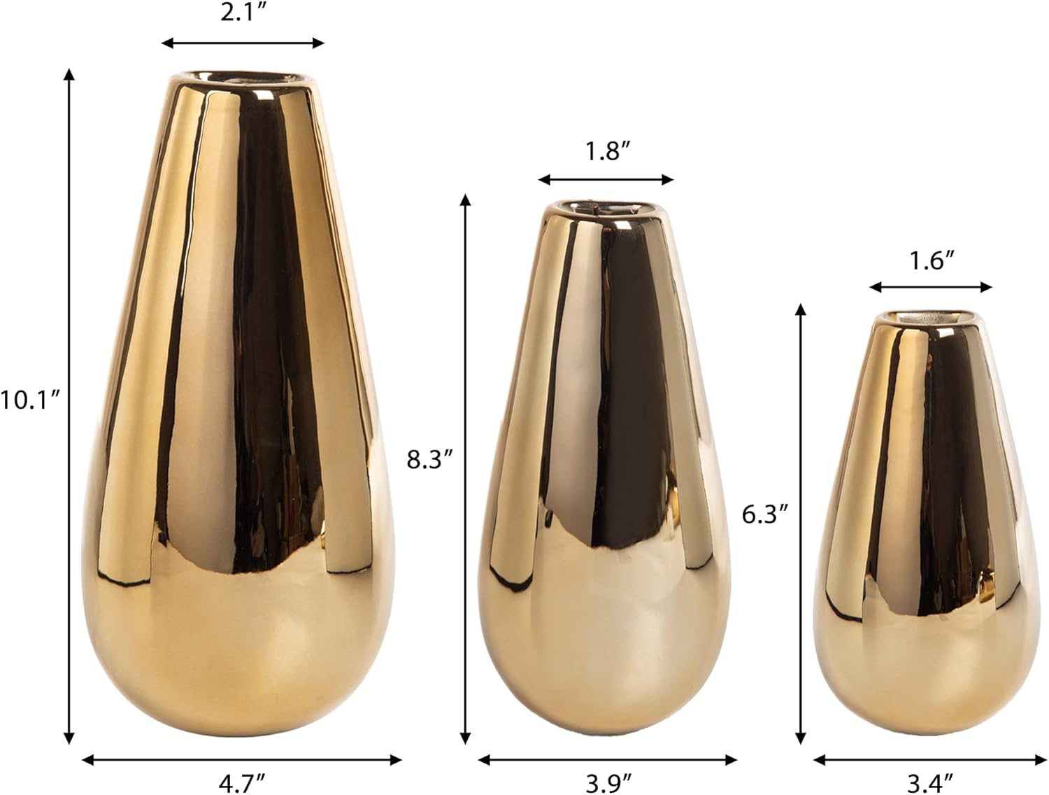 Wall Mount Metallic Gold Flower Vase, Ceramic Hanging Planter with Teardrop Shape, Set of 3 Contemporary Oval Plant Pots