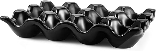 Vista 2 de Flexzion Bandeja de Cerámica para 12 Huevos - Portahuevos de Porcelana para Docena Completa Contenedor Organizador de Almacenamiento Soporte Negro