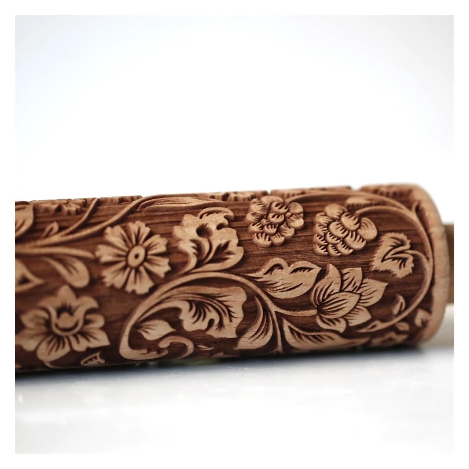 Rodillo de Madera con Grabado Profundo for Hornear Galletas, diseño Retro de Flores, 35 x 4,5 cm, Molde 3D Grabado. Rodillo para Masa Madera(Color 1)