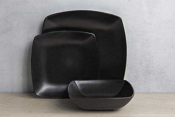 Creative Tops Raven Stoneware Square Dinner Set, Ceramic, Black, 12 Piece