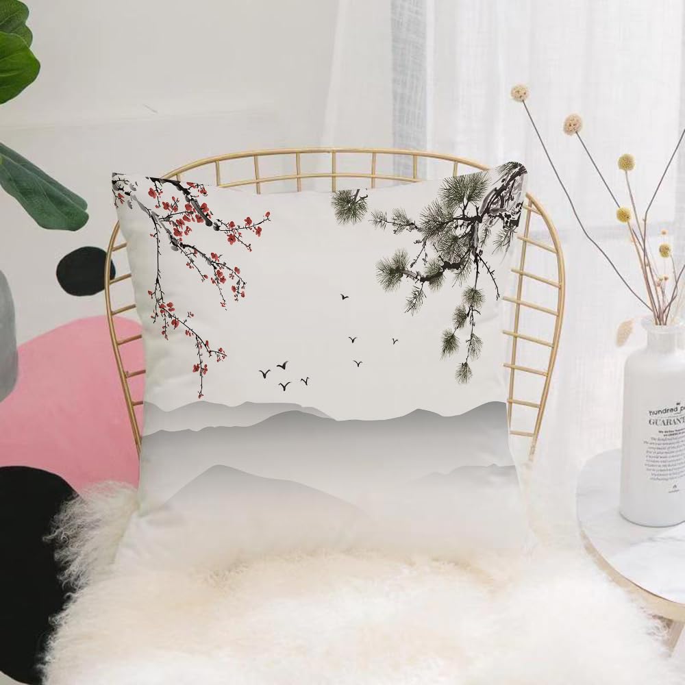 HYMSXW Cushion Cover,Throw Pillow Case Home Decorative for Living Room Bedroom Sofa Chair 20X20 Inch,Chinese painting-style patterns —— pine, crane and landscape art,Pillowcase 50X50cm