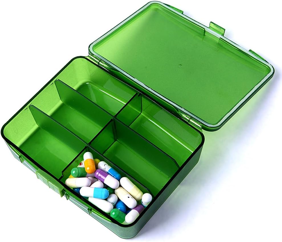 XINHOME 6 Compartment Pill Box Holds Up to 200 Tablets Gasketed & Waterproof (Green)