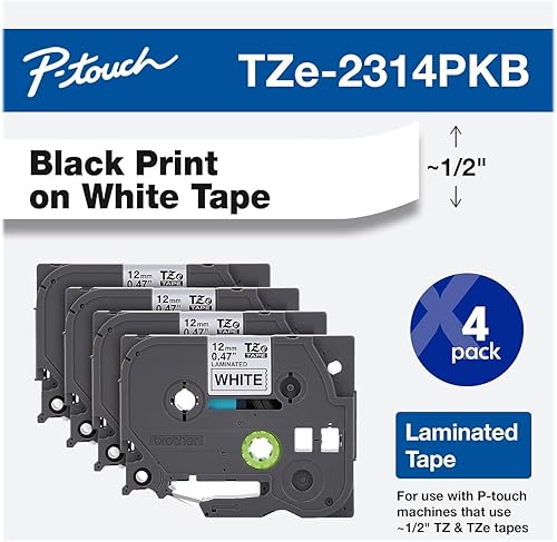 Brother P-Touch, TZe-231, cinta en paquetes de 4 unidades (TZE2314PKB) de " (0.47") x 26.2 pies (8 mm) Paquete de 4 cintas laminadas P-Touch, negro