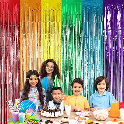 Muhome Colored Rainbow Foil Fringe Curtains, 2 Pcs Rainbow Tinsel Streamers Photobooth Backdrop For Birthday Wedding Graduation Pastel Unicorn Party Decorations #TOP4