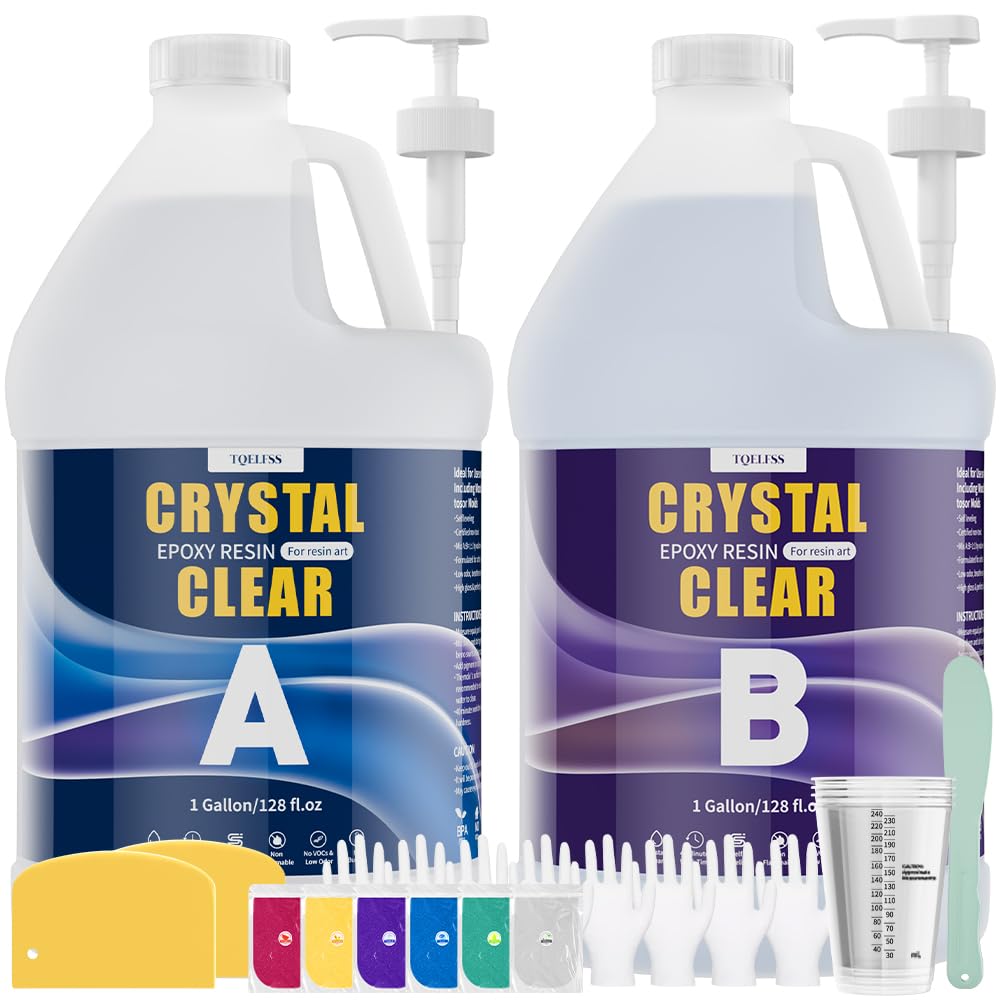 TQELFSS Epoxy Resin 2 Gallon, Crystal Clear Epoxy Resin Kit with Pumps (1gal×2), Self Leveling, Low Odor, High Gloss, No Yellowing Art Resin Casting for Molds, Countertop, Table Top, DIY Crafts