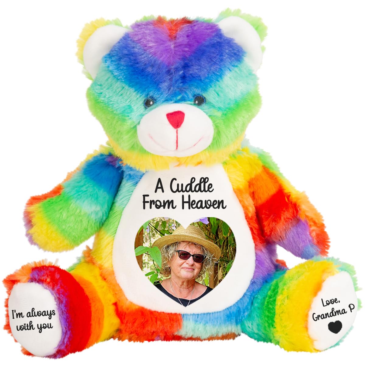 Personalised Memory Teddy Bear with Heart-Shaped Photo – “A Cuddle From Heaven” Keepsake Gift – 28 Bear Styles – Add Your Text & Choose Colour – Custom Memorial Bear (Rainbow Teddy)