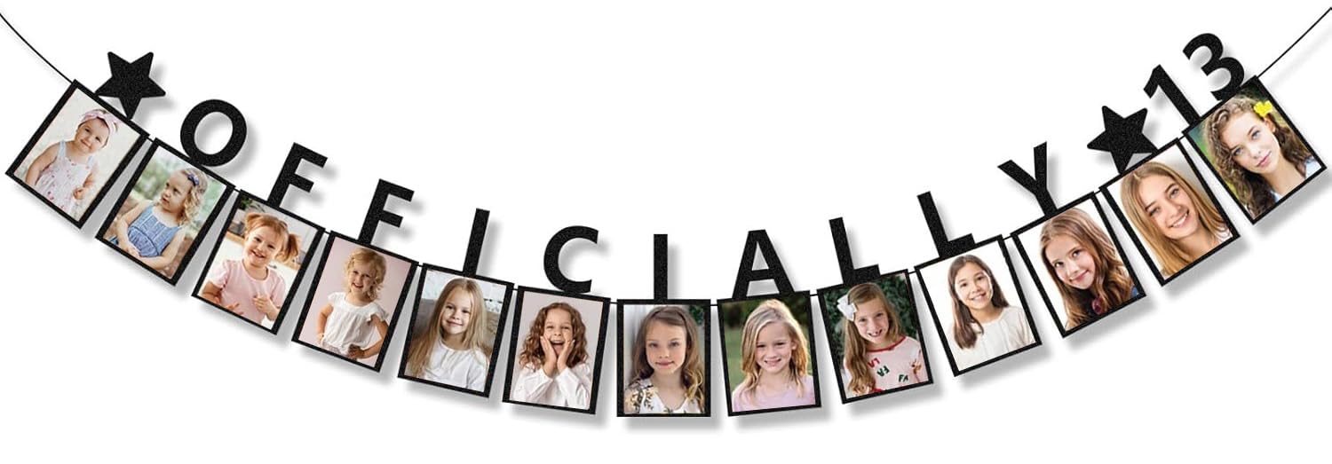 Officially 13 Photo Banner Birthday Decorations for Girls Boys - Black Glitter Sweet 13th Birthday Banner Decorations Party Picture Frame Garland Display Party Supplies