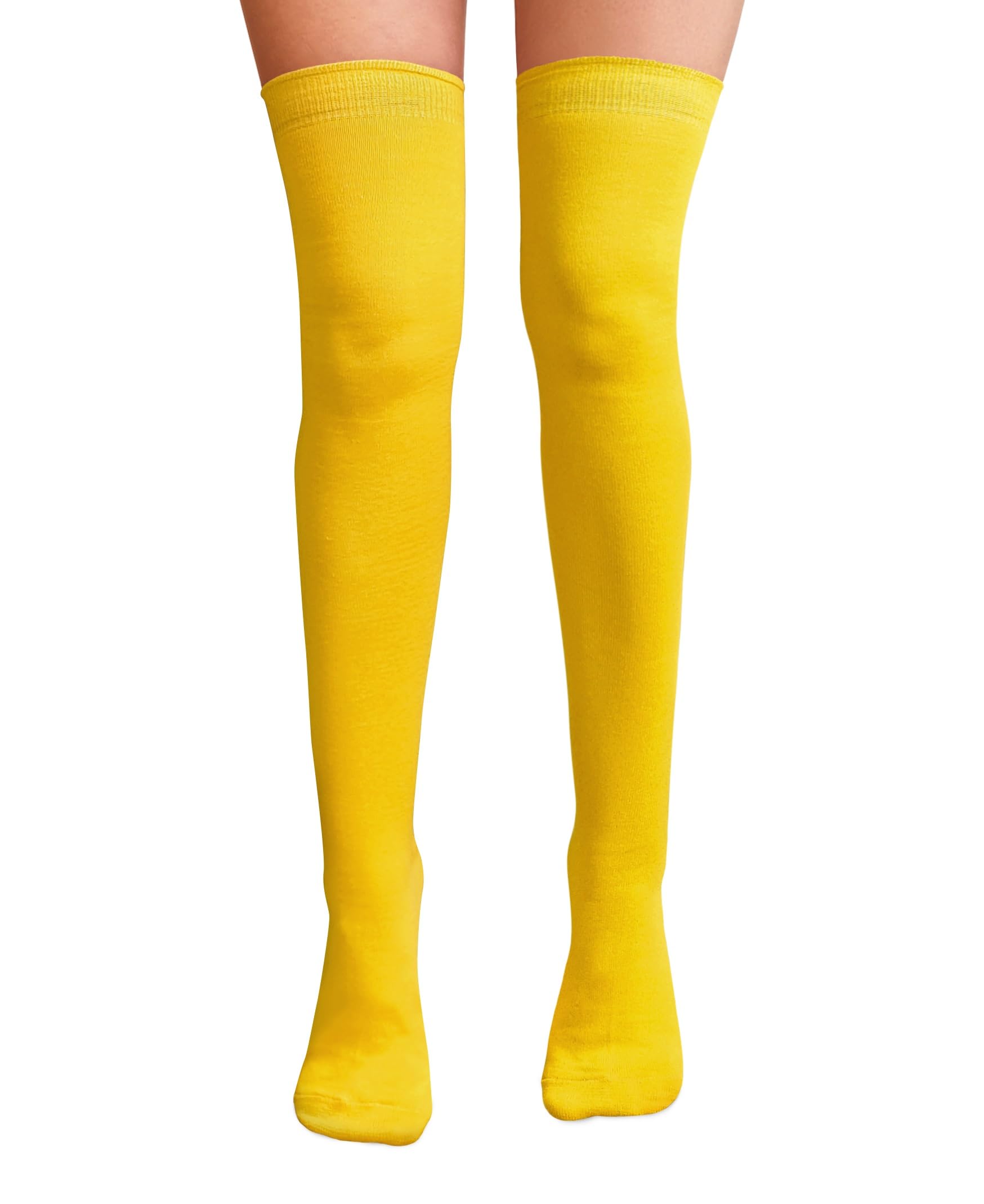 NuJake Over The Knee Thigh High Socks Girls Plain Cotton Lycra Cosplay School Sox (Yellow)
