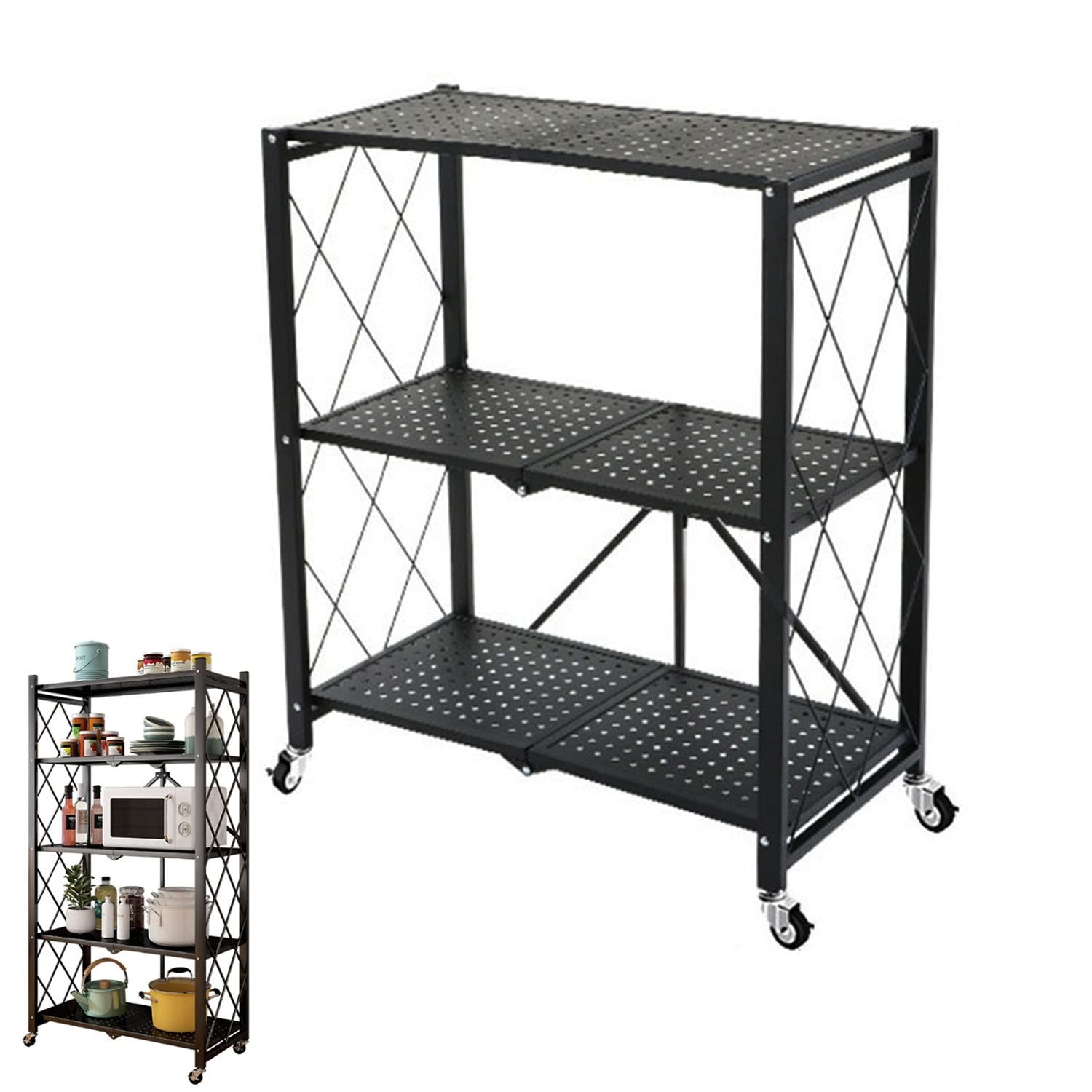 Standregal im Wohnzimmer Küche-3/4/5-stufige Lagerung Vorratsregal-Klappbares Küchenregal mit Rollen,90/126/168x34x72cm (HxBxT)-70kg pro Regal-Schwerlastregal Racking Lagerregal ( Color : Black , Size