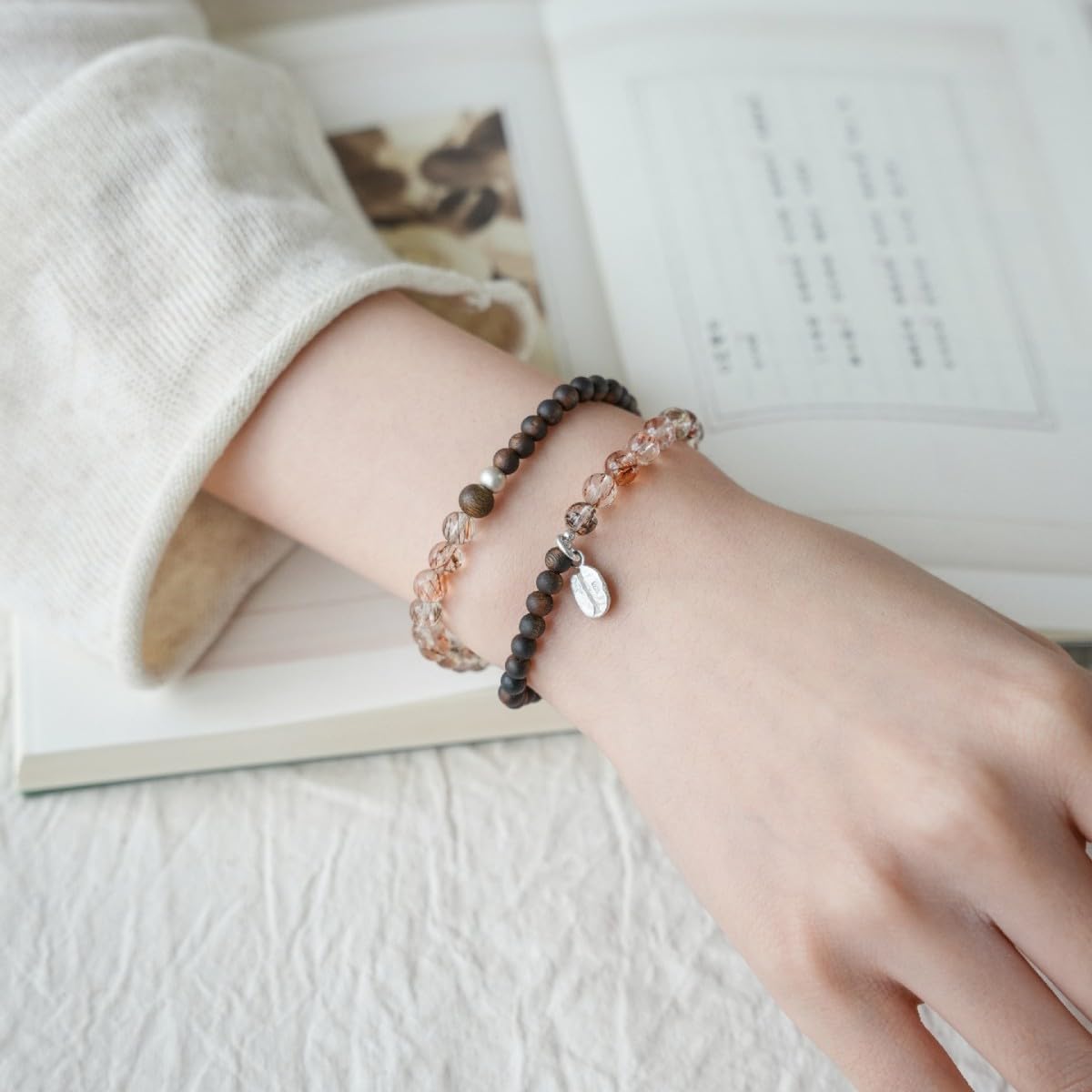 Pulsera Cuentas Pulsera De Doble Círculo De Madera Agar Y Cuarzo Rutilado Negro 5mm Serie Negra