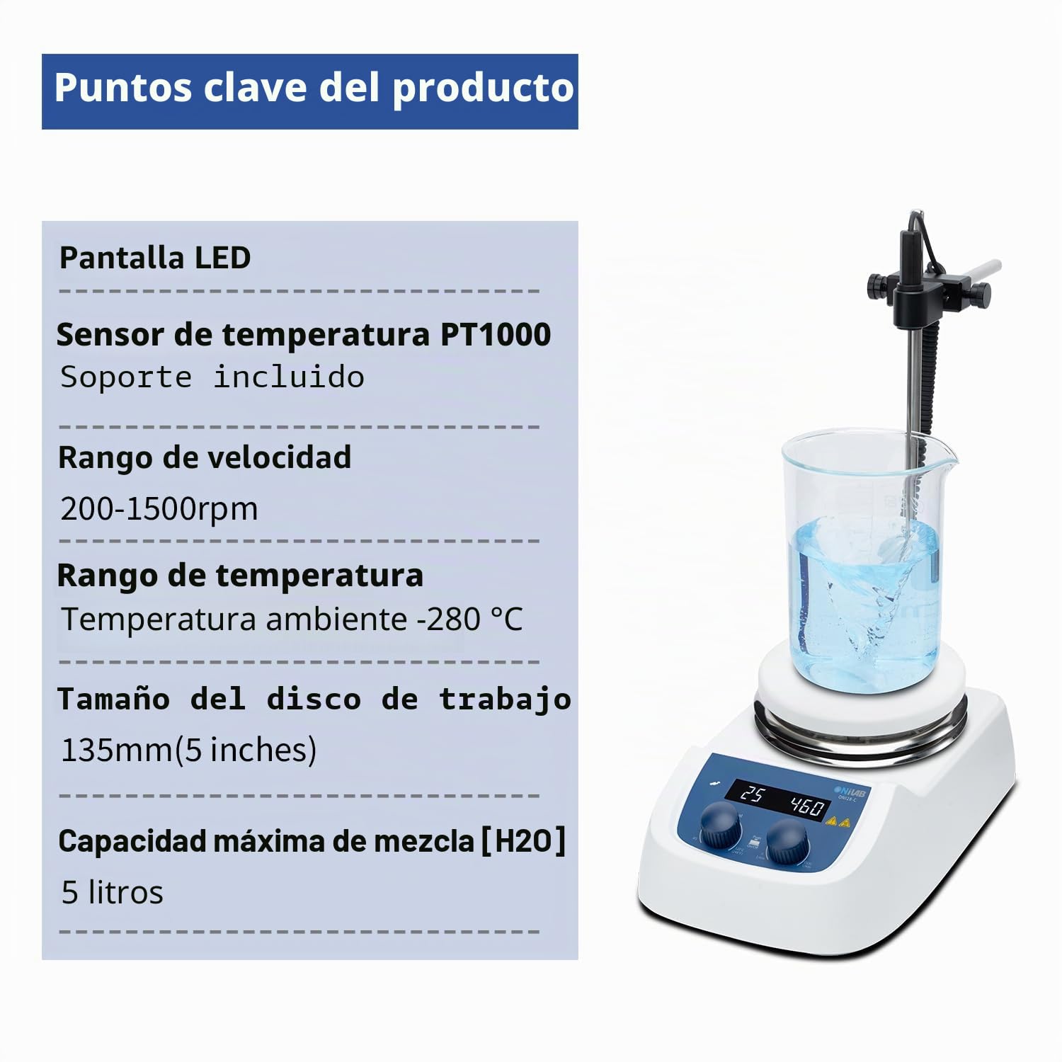ONiLAB 280 ℃ 5 Pulgadas Agitador magnético LED digital con placa de calentamiento y superficie de trabajo de acero inoxidable recubierta de cerámica, 200-1500 rpm, sensor de sonda de temperatura