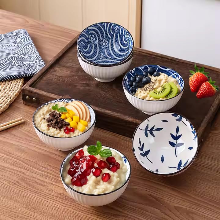 Image of 6-Piece Ceramic Dinner Set, 2 Plates & 4 Bowls, Microwave Safe, Dishwasher Safe, Floral Dinnerware (Blue White Floral, 2 Plate & 4 Bowl Set)