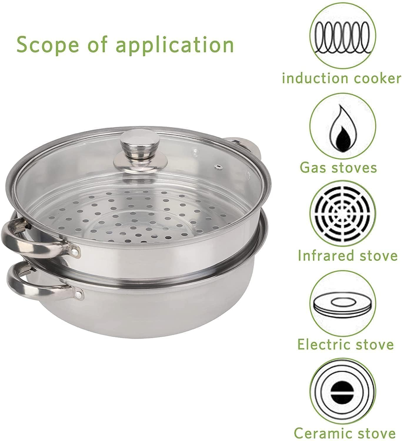 2 Strati Pentola A Vapore Acciaio Inox, 28 Cm Pentola A Vapore Da Cucina Vaporiera Pentola Induzione Vaporiera Cottura A Vapore Vaporiera Impilabile Con Coperchio In Vetro Per Gas Elettrico Induzione