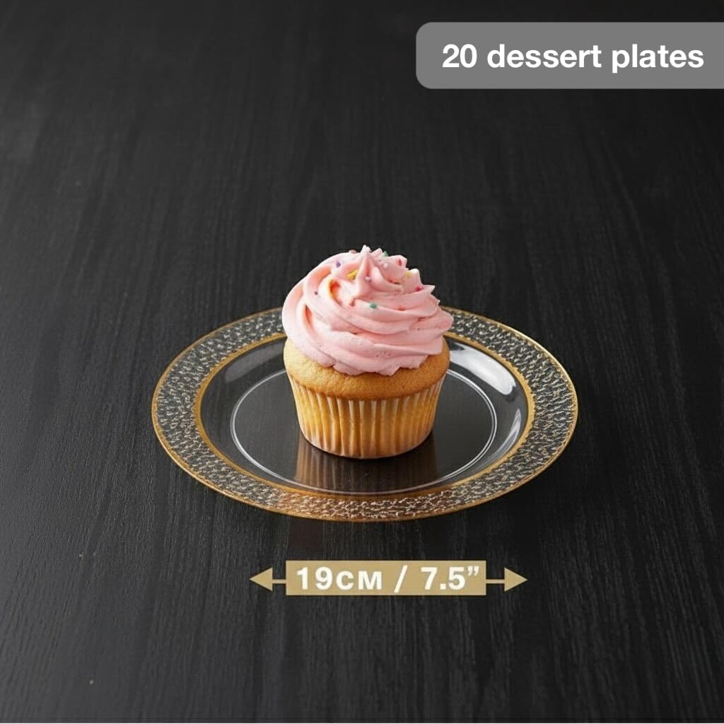 MATANA 20 Premium Przezroczyste Plastikowe Talerze Deserowe ze Złotą Krawędzią, 19 cm / 7 Cali – Eleganckie i Wielokrotnego Użytku Małe Talerze Boczne, Talerze na Przekąski na Wesela, Urodziny