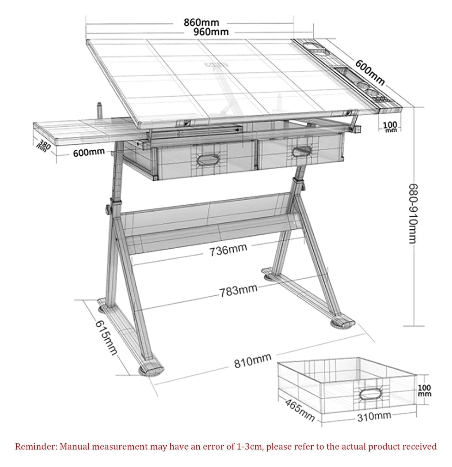 Scrivania da disegno regolabile per architetti, altezza regolabile con piano inclinato, 2 cassetti nella parte inferiore, perfetta per casa, ufficio e postazione di lavoro da disegno