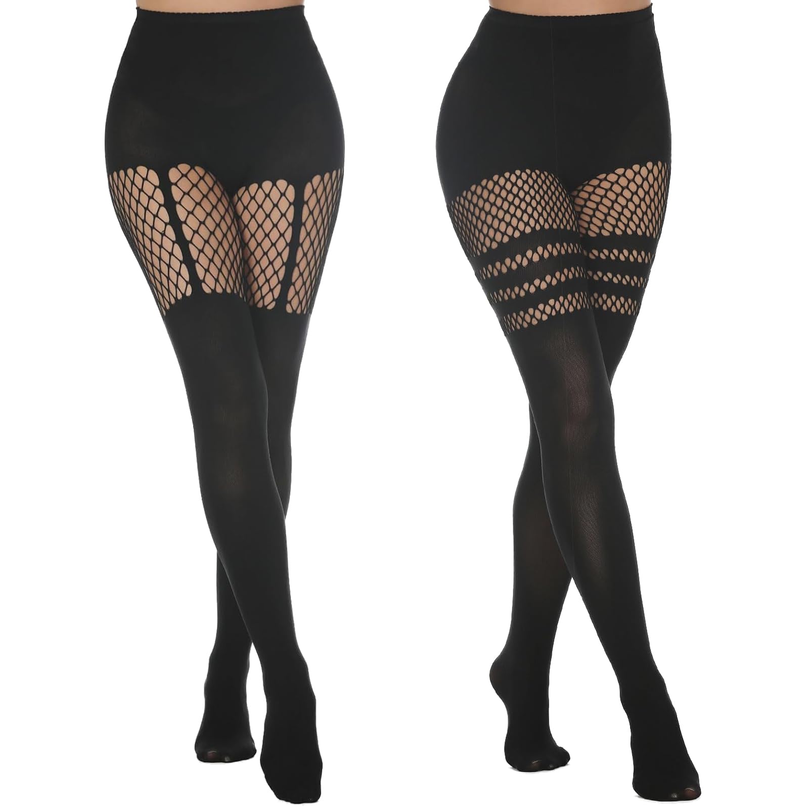 Fexpdl Women's Black Suspender Tights For 2 Pairs Mock Suspender Stockings, Opaque Fishnet Tights