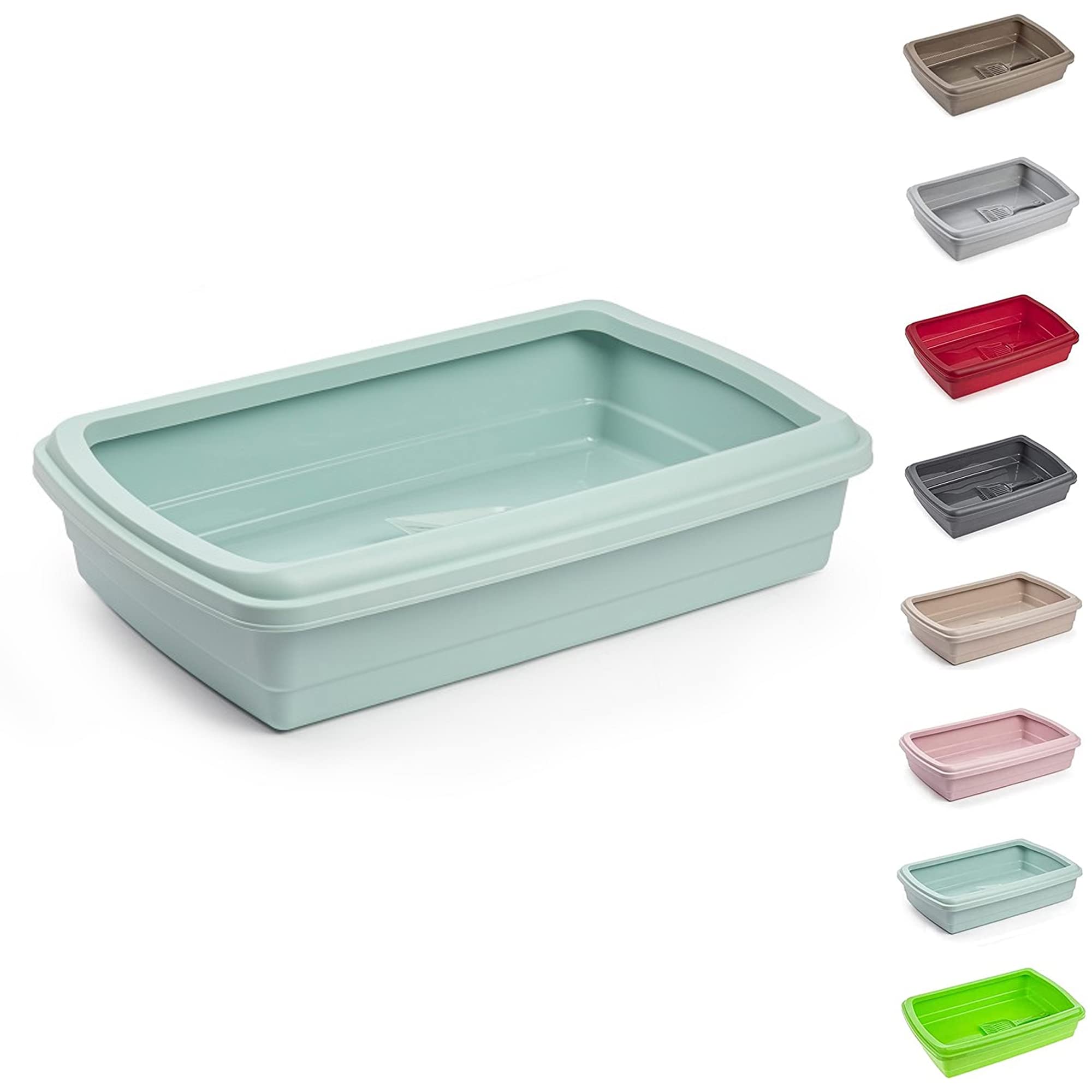 Large Cat Litter Tray with Rim, Open Top Litter Box for Cats & Kittens, Anti Spill High Back Design, Easy Clean Durable Plastic Toilet Pan (47x31x11cm Mint Green)
