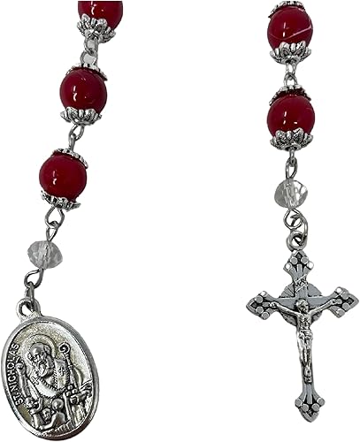 Miniatura 6 de Needzo Rosario rojo y plateado de San Nicolás con tarjeta de oración de bolsillo con coronilla, juego de regalo de Navidad católica, 9.75 pulgadas,