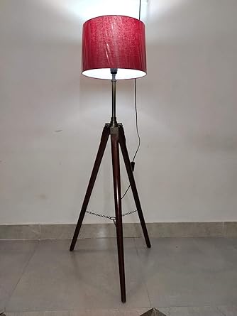 Lamp World Wooden Tripod Floor Lamp Stand with Red Shade and LED Bulb Decorative Lamp
