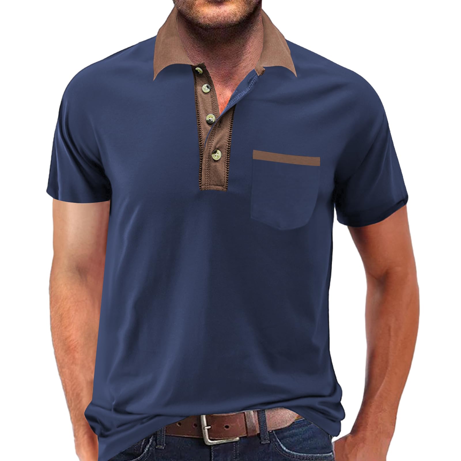 LexiartMens Fashion Short Sleeve Polo Shirts Splice Button Collar Regular-Fit Tshirts with Pocket