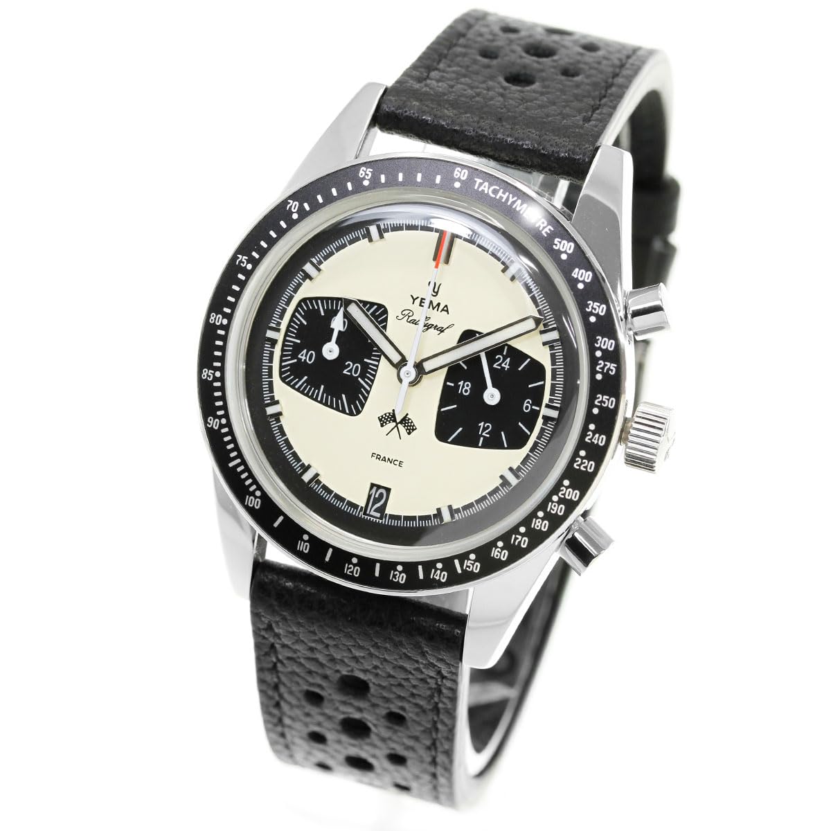 YEMA Rallygraf Panda Acero Híbrido Mecánico Cuarzo Cuero Blanco Reloj Hombre, Negro , Correa