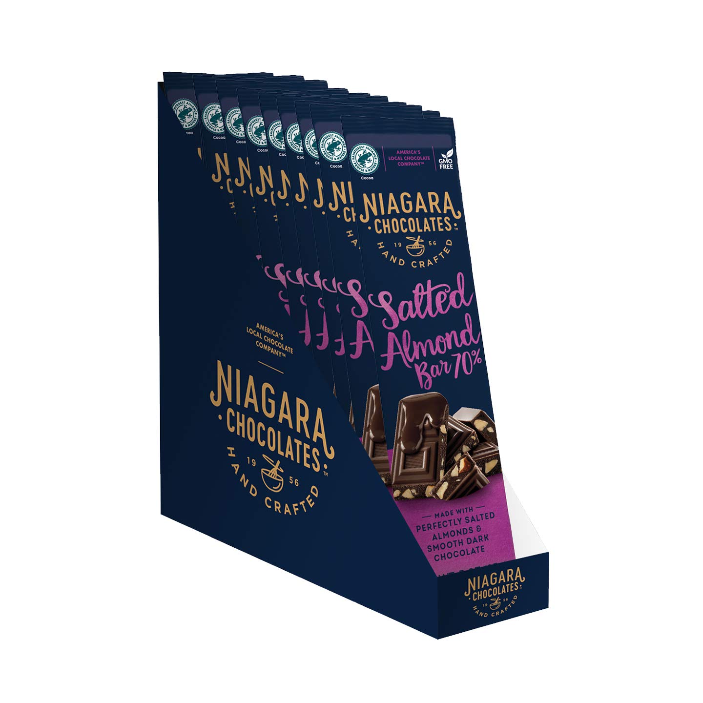 Niagara Chocolates3oz 70% Dark Chocolate Salted Almond Bar (8 Bars Per Box) Non-GMO, Premium Chocolate, Hand-Crafted