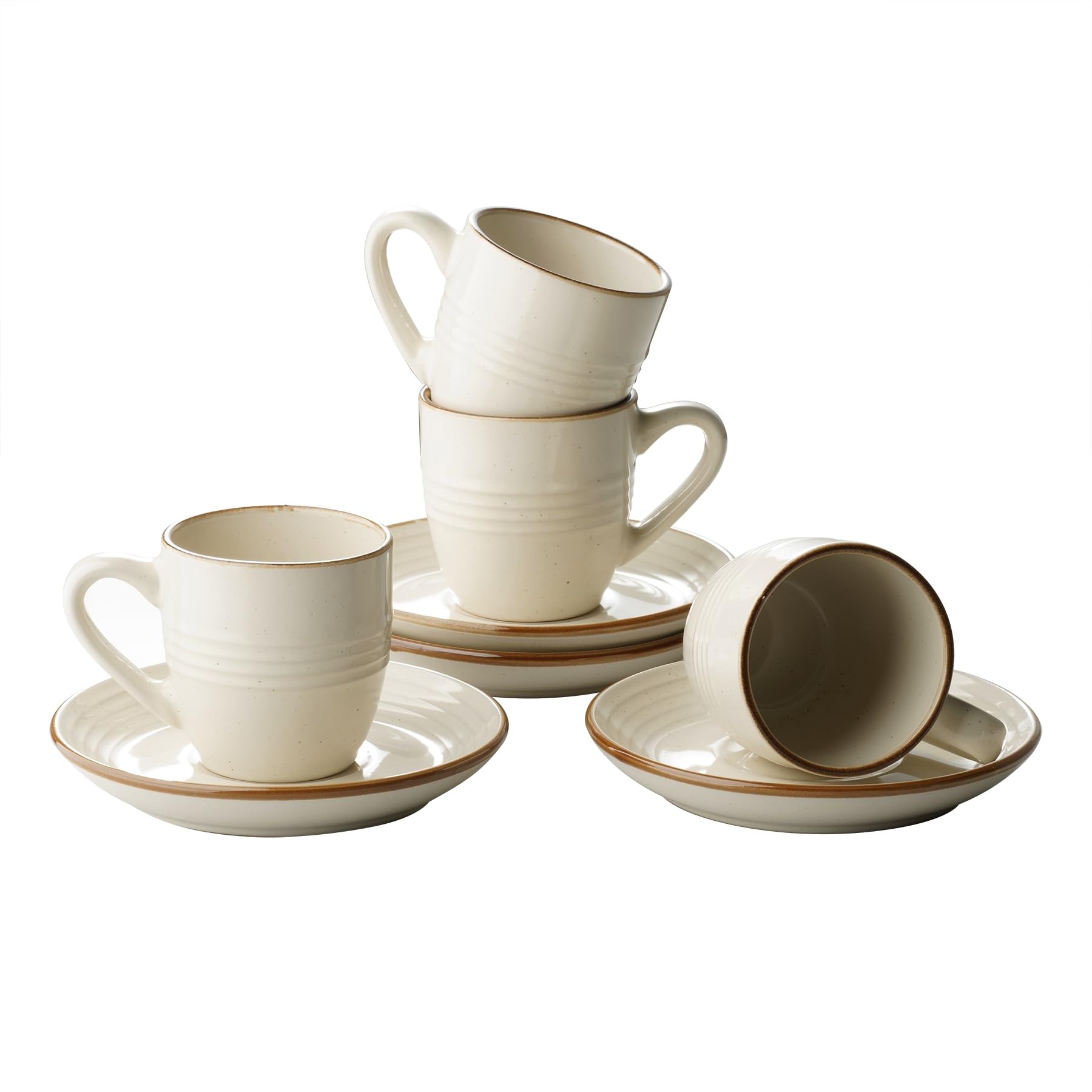 famiware Jupiter Lot de 4 tasses à expresso et soucoupes en céramique de 88 ml avec poignée, tasse en forme de spirale en grès pour thé, latte, café, passe au micro-ondes et au lave-vaisselle, blanc