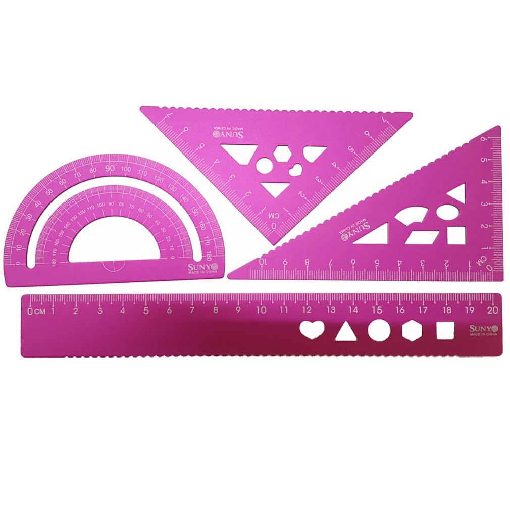 YUANCOX Student Rulers set of 4 pieces Drawing Straight Lines Triangles Protractor Scales Suitable for Student Geometry Mathematics Geography Drawing Auxiliary Learning Tools set(4pc-Pink)