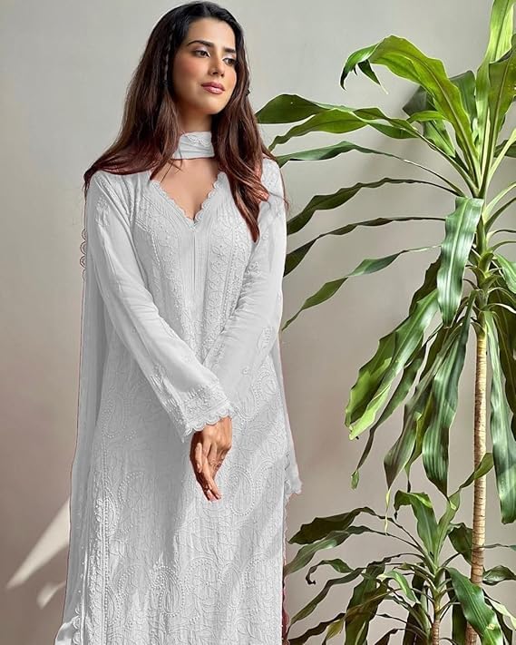 Image of Women's Chikankari Embroidered 3 Piece Suit Set in Faux Georgette - Long Gown Style Kurta with Lining with Dupatta
