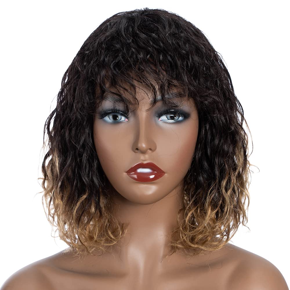 FASHION IDOL Bob Perruque de Cheveux Humains Bouclés pour Femmes Noires 25CM Brésilienne Vierge de Cheveux Humains Courte Perruque Ondulée en Eau Profonde avec Frange 150% Densité (25CM, Or)