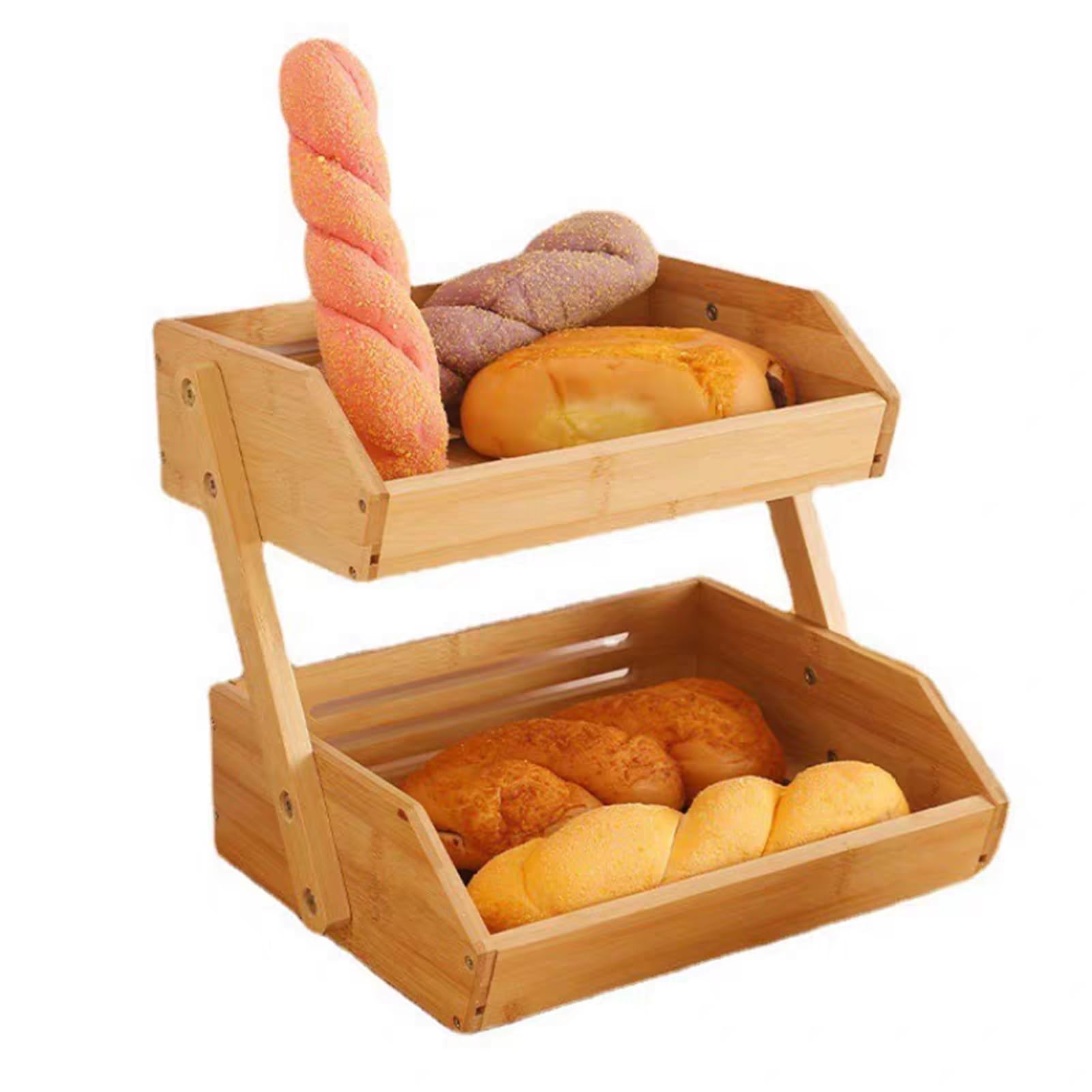 JOUFNING Bamboo Fruit Vegetable Holder, Bread Basket Vegetable Fruits Organiser Rack, Wooden Bread Storage Stand, for Kitchen/Shop Counter/Market Stall(2-Tier)