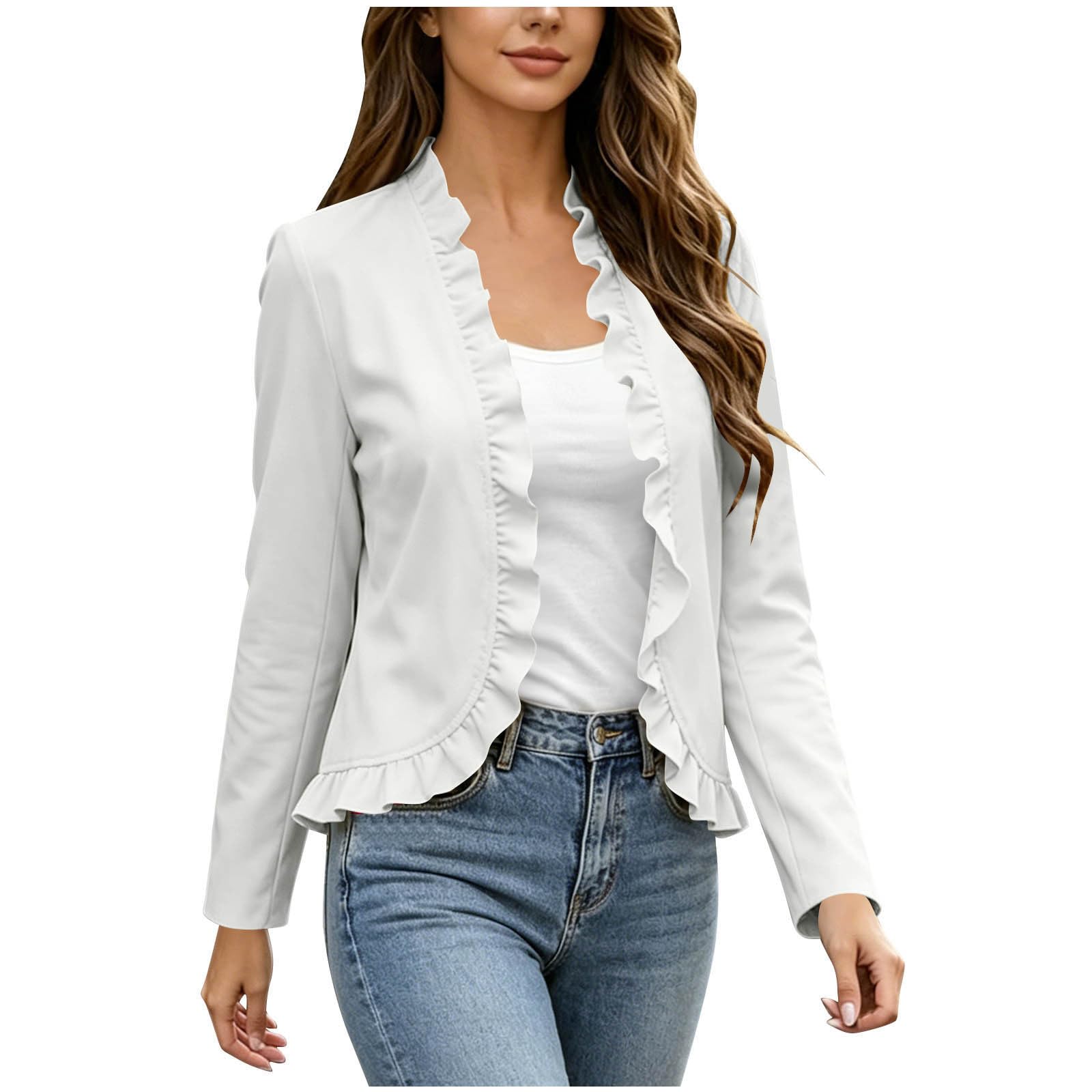 Women's Lightweight Cardigan Open Front Ruffle Trim Outwear | Peplum Cardigans Long Sleeves Cardigans Office Business Casual Versatile Layering Piece Spring Fall Fashion Clothes X-Large White
